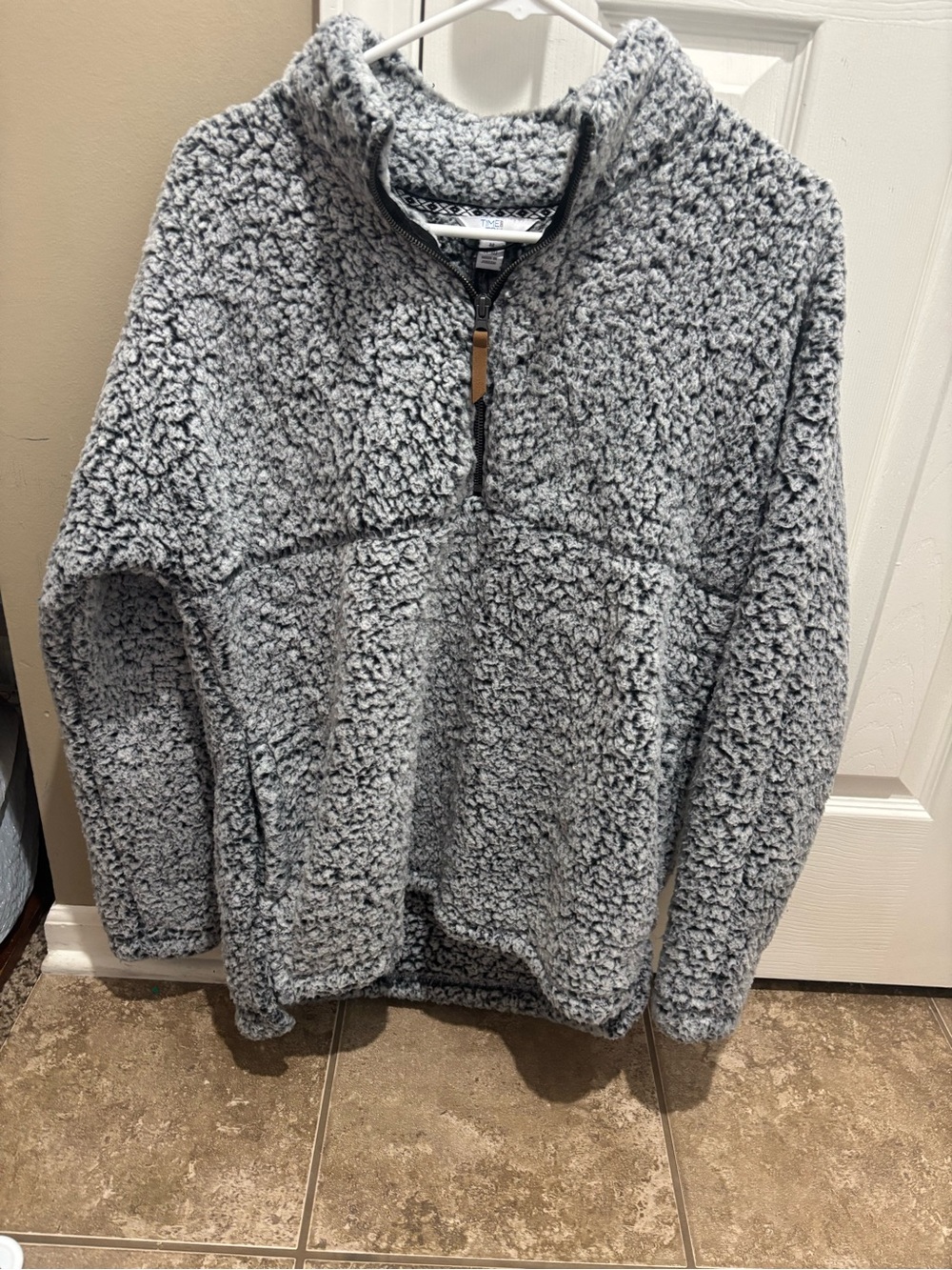 Womens Gray Sherpa Quarter-Zip Pullover Sweater